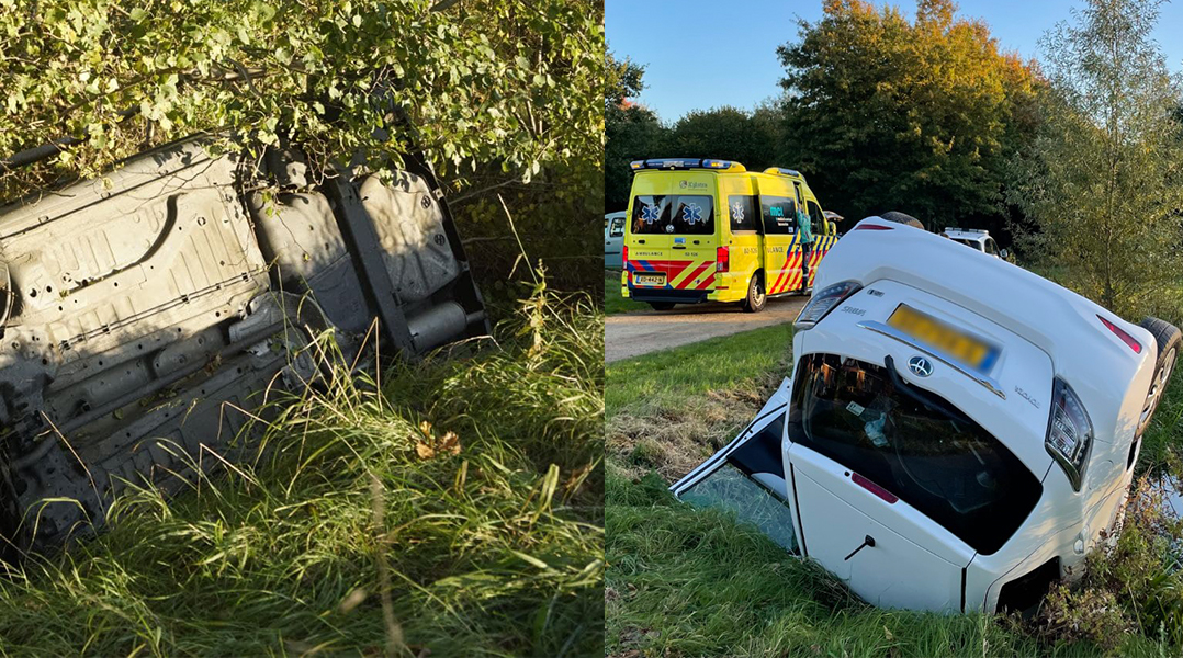 Twee auto’s vlak na elkaar op de kop in de sloot bij Boerakker en Oldekerk
