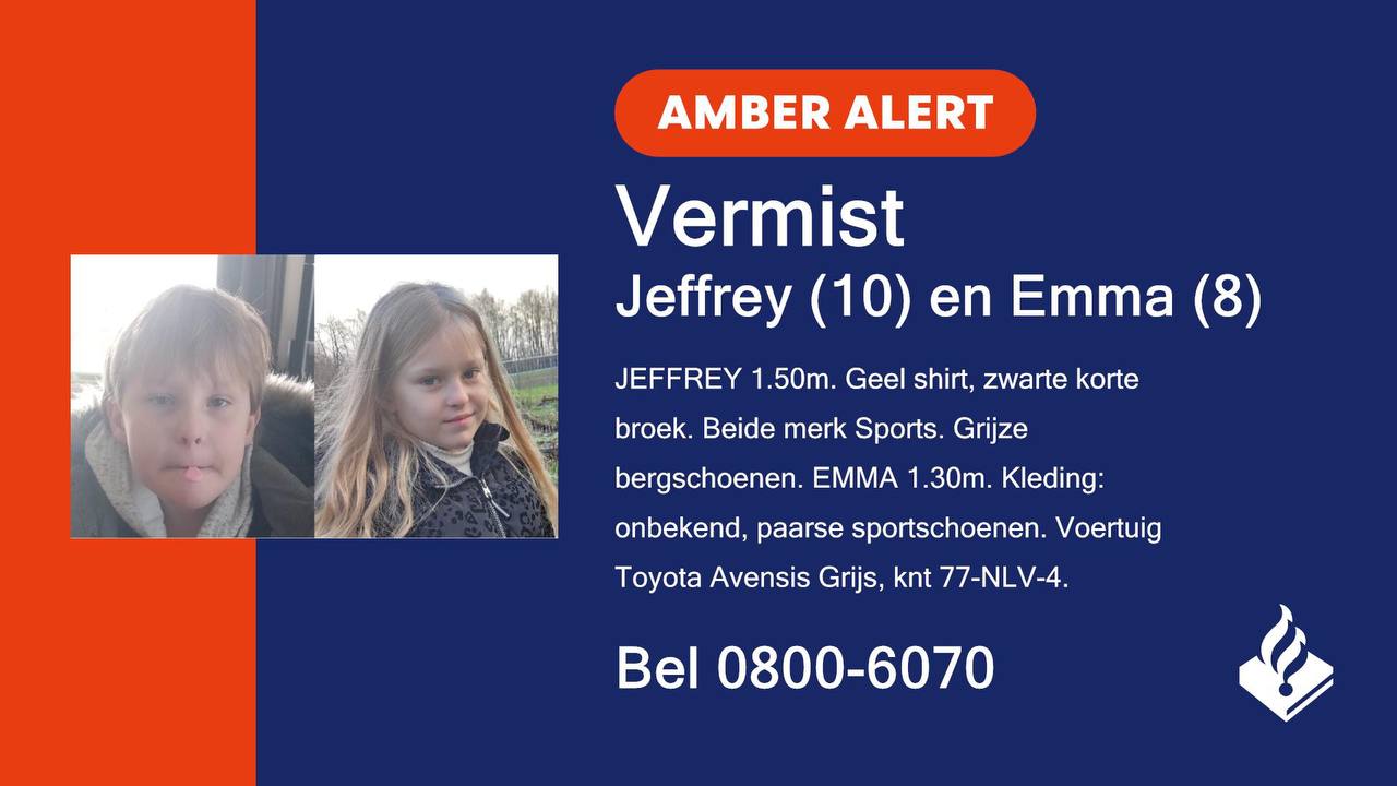 AMBER ALERT: Jeffrey (10) en Emma (8) vermist; politie vreest voor hun veiligheid