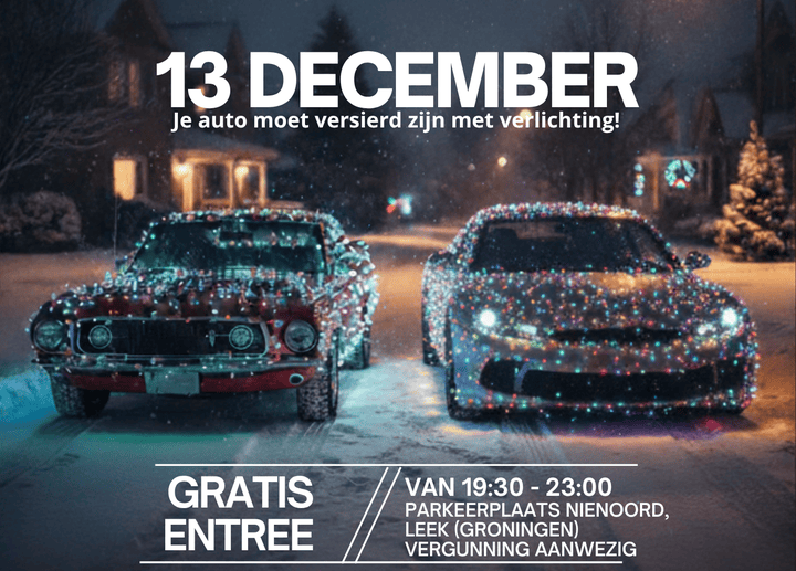Kerstlicht op Wielen: Sfeervolle verlichte auto-meeting op parkeerterrein bij Nienoord