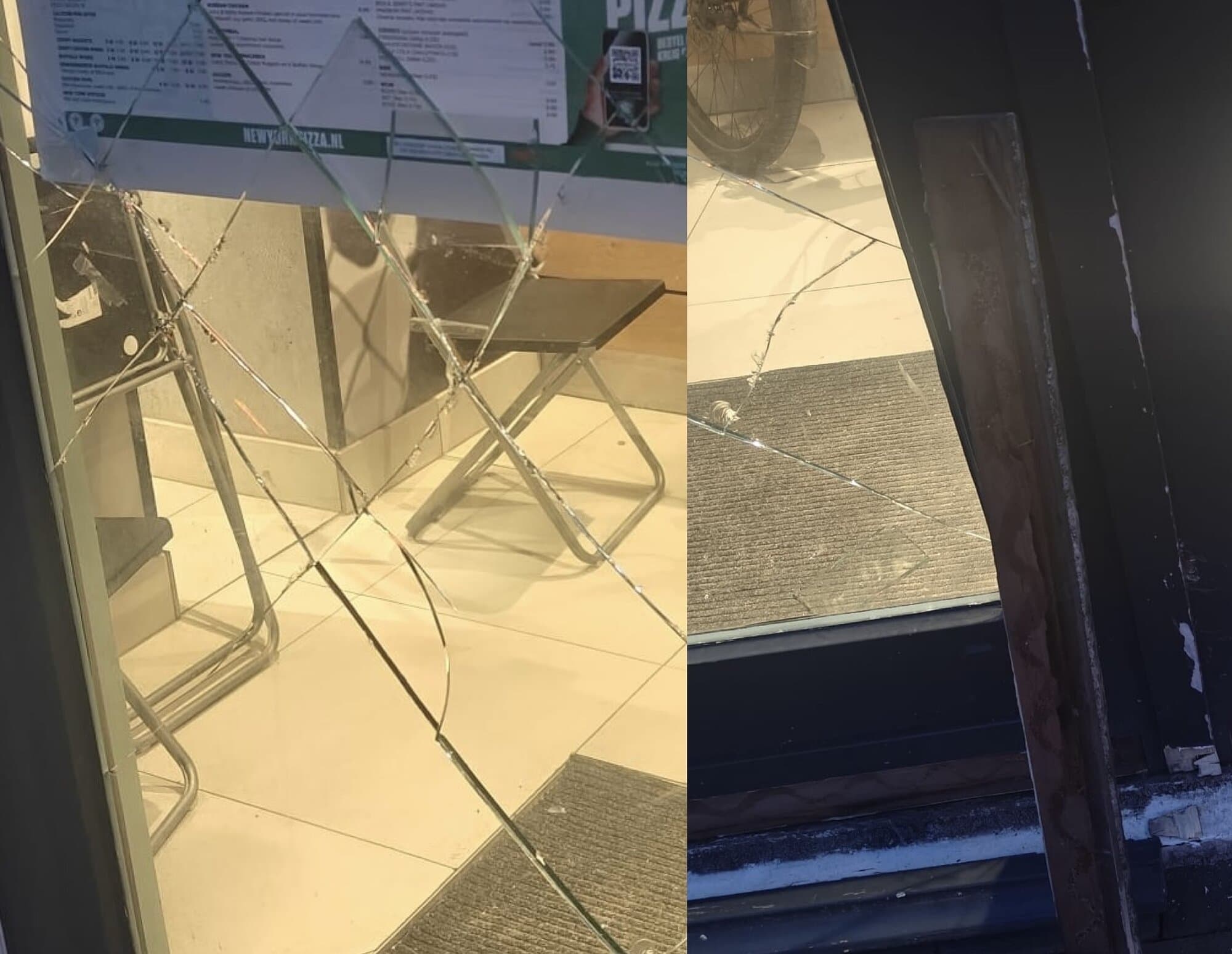Drie personen met hoodies slaan raam aan gort van New York Pizza in centrum Leek