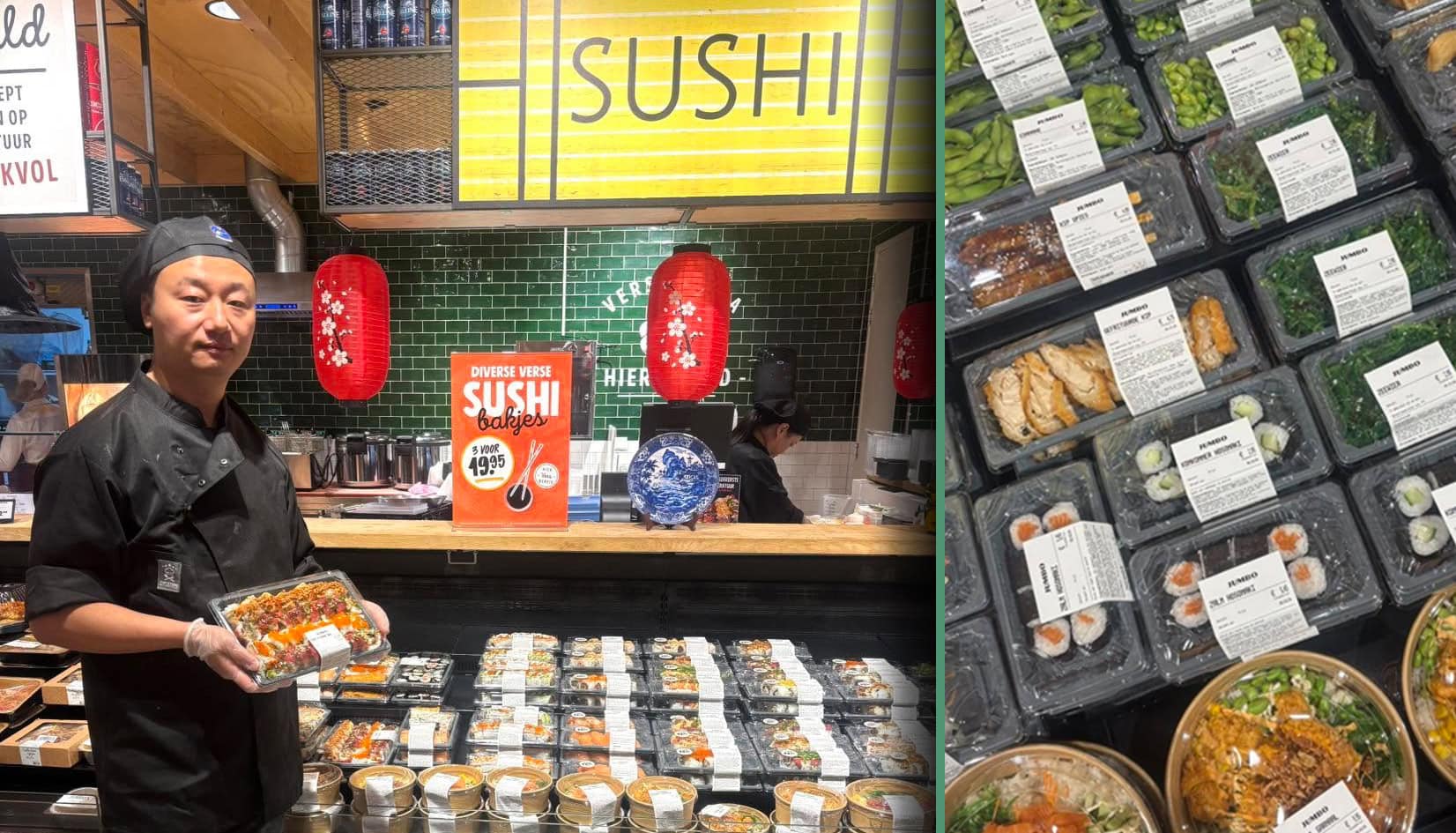 Sushi-chefs aan het werk bij supermarkt in Leek; ‘Verse sushi en pokebowls vanaf nu verkrijgbaar’